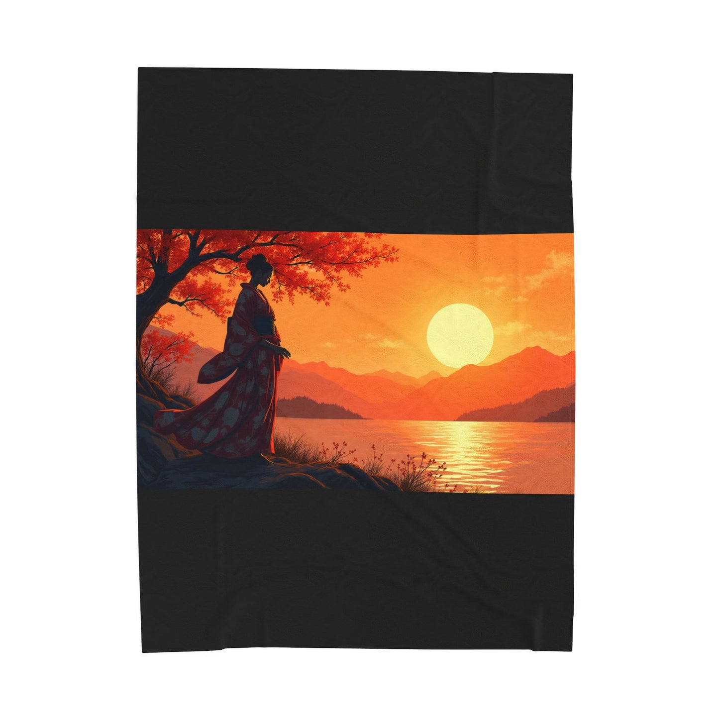 Velveteen Plush Blanket - Japanese Woman at Sunset Design