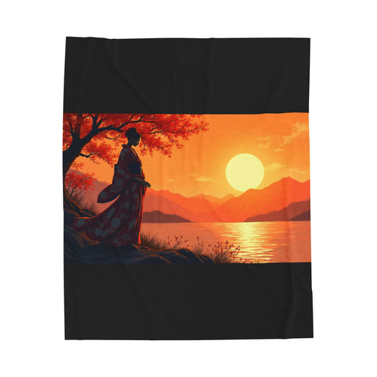 Velveteen Plush Blanket - Japanese Woman at Sunset Design