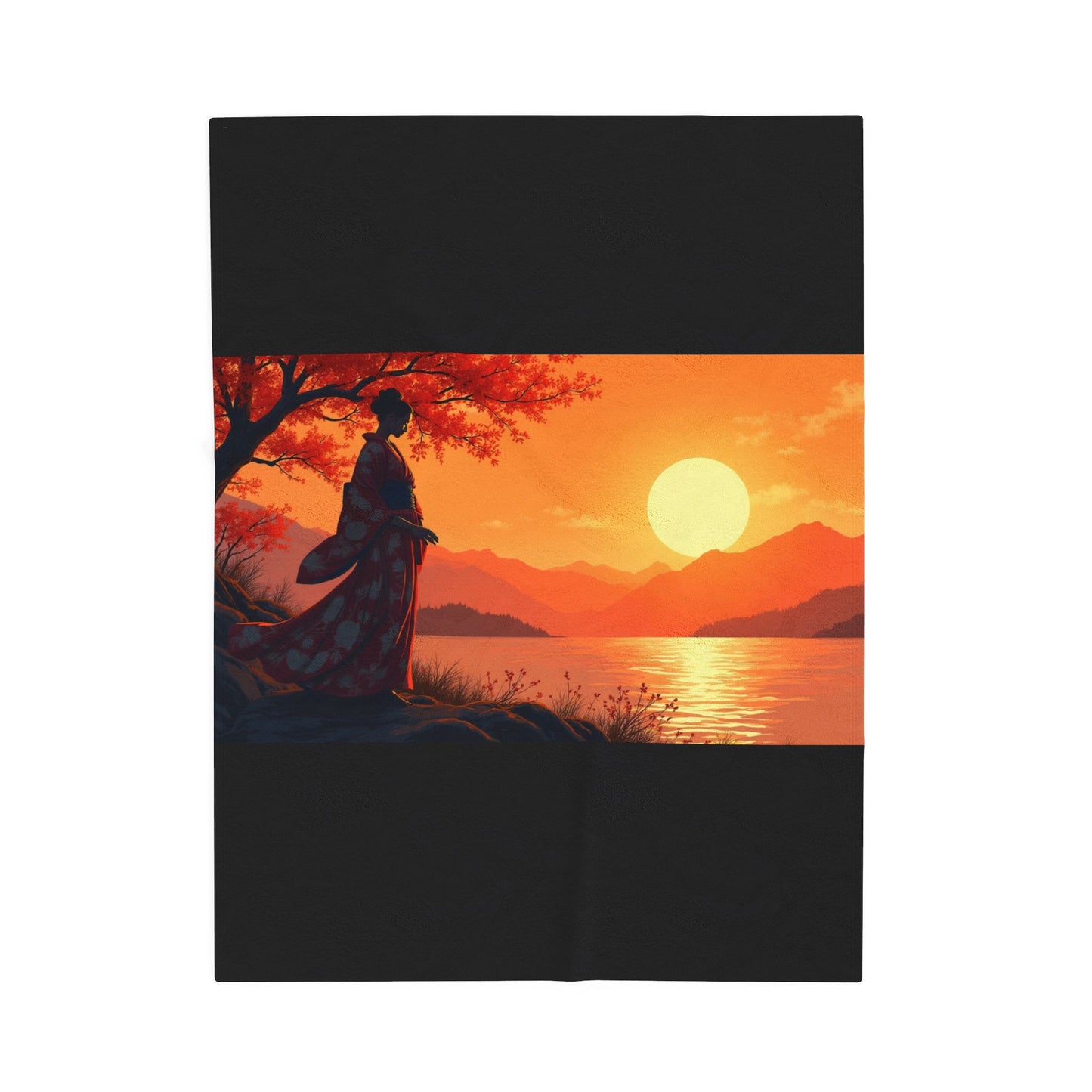 Velveteen Plush Blanket - Japanese Woman at Sunset Design