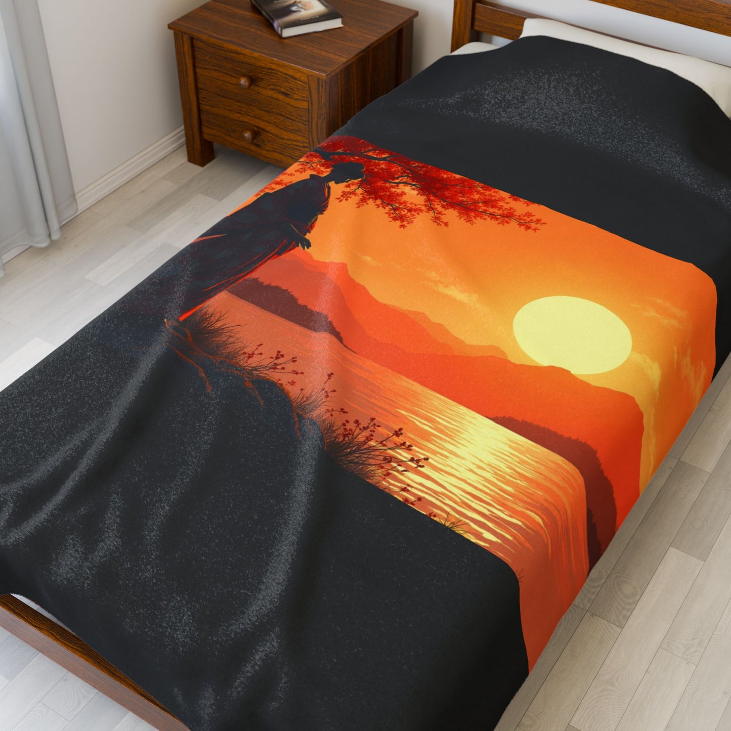 Velveteen Plush Blanket - Japanese Woman at Sunset Design