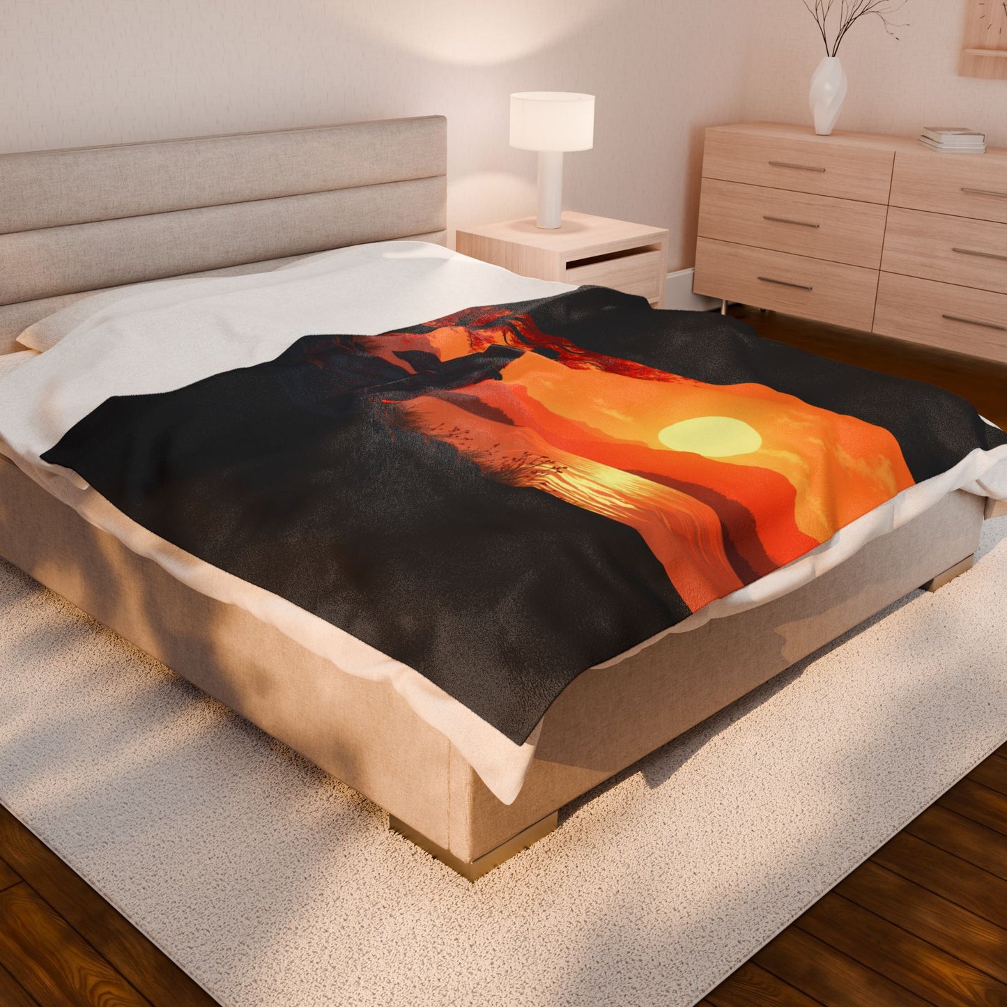 Velveteen Plush Blanket - Japanese Woman at Sunset Design