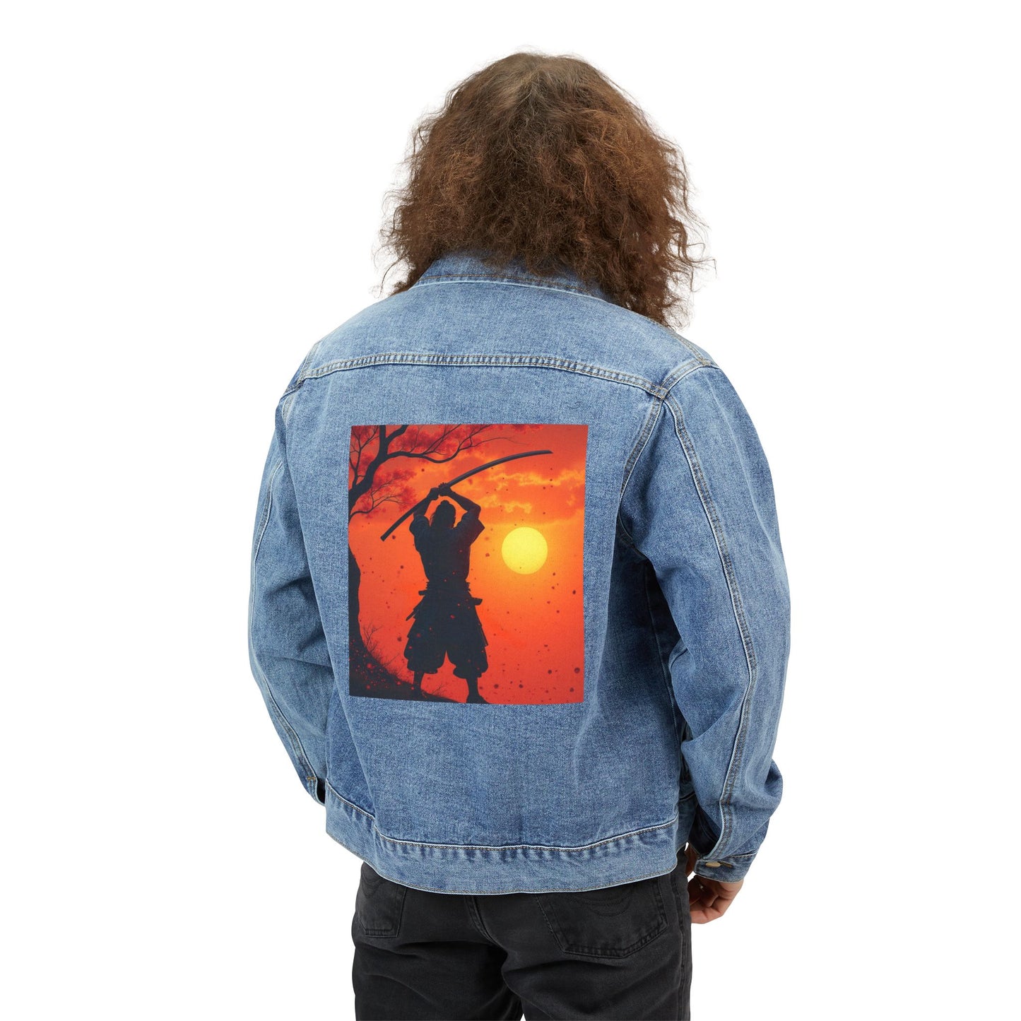 Denim Jacket - Samurai at Sunset Strong, Peaceful, Elegant Design