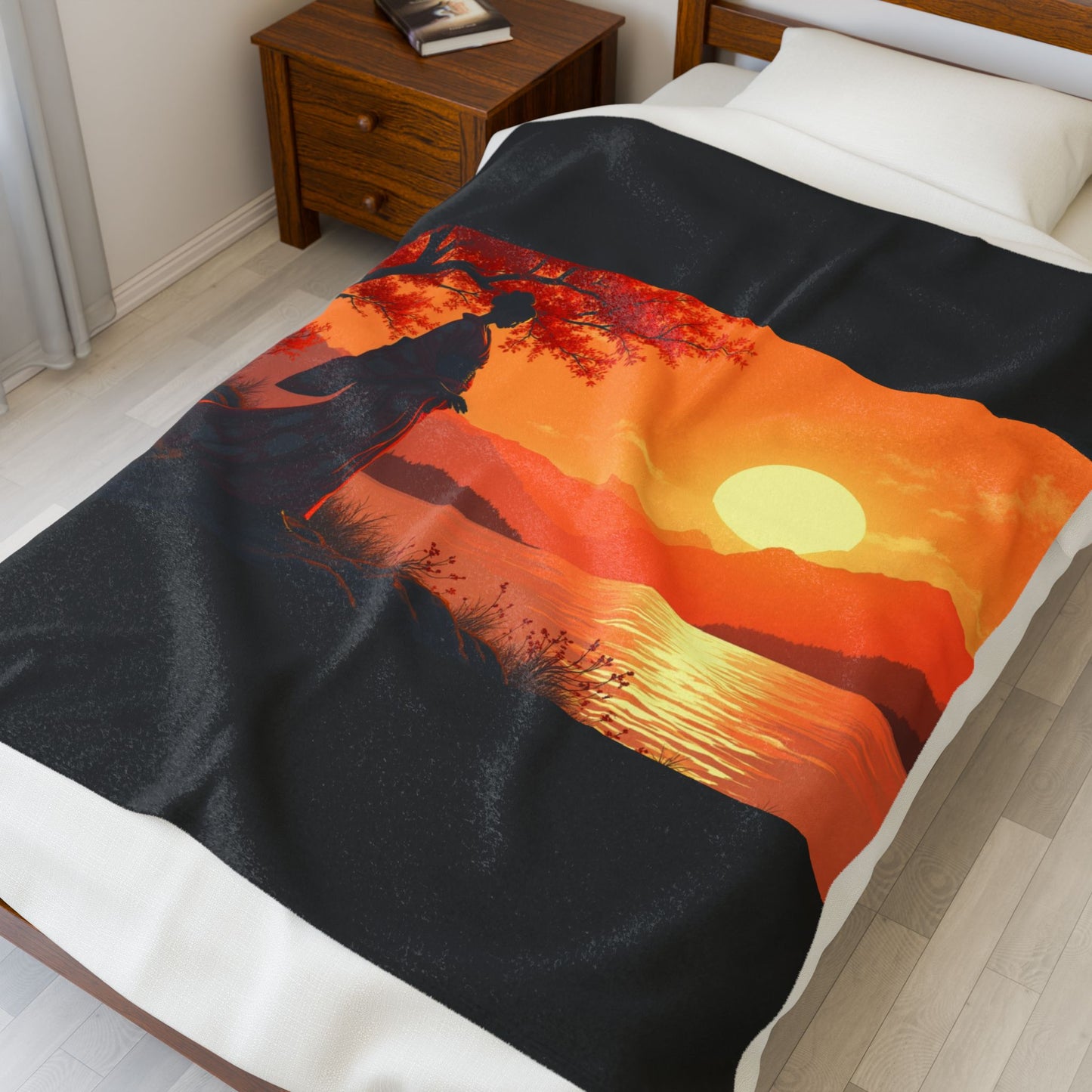 Velveteen Plush Blanket - Japanese Woman at Sunset Design