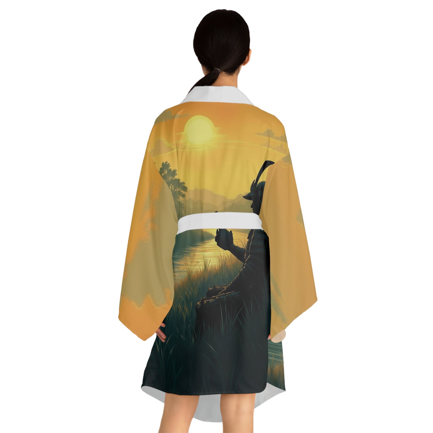 Samurai Sunset Kimono Robe — Long Sleeve Japanese Warrior Sunset Print
