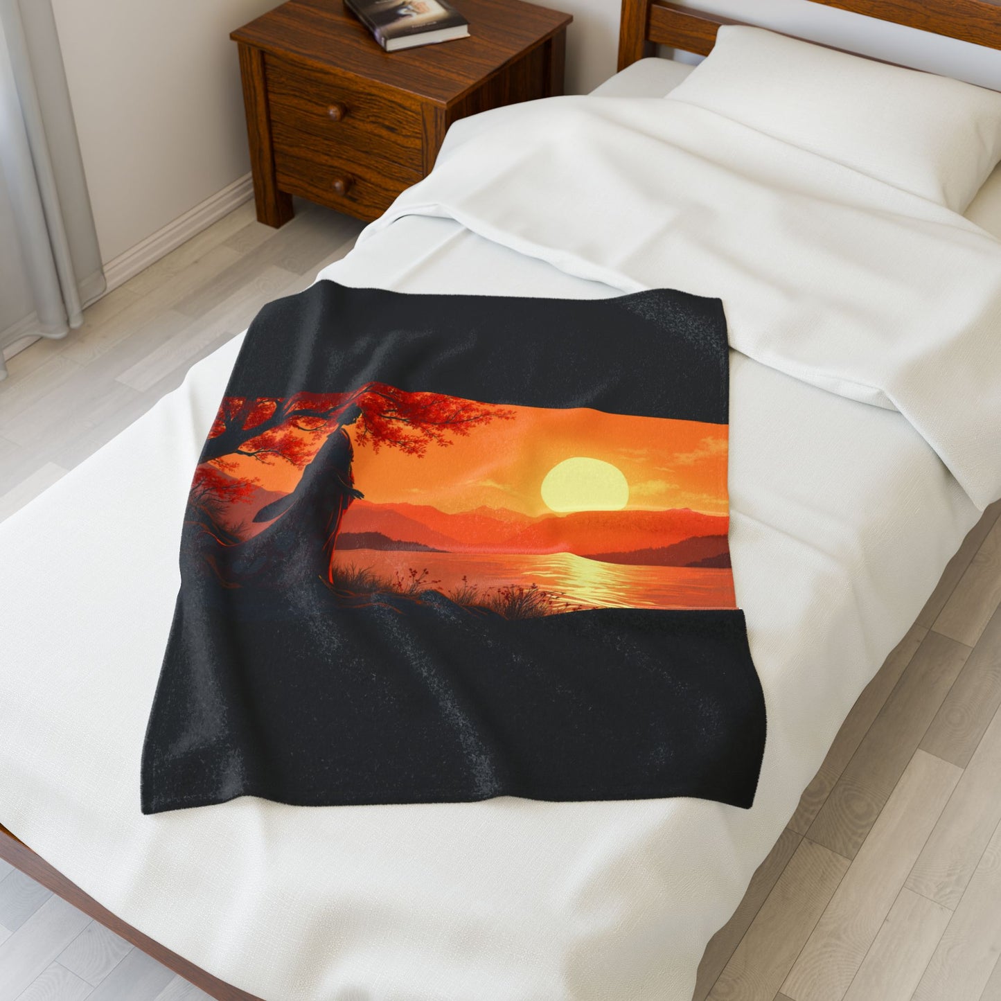 Velveteen Plush Blanket - Japanese Woman at Sunset Design