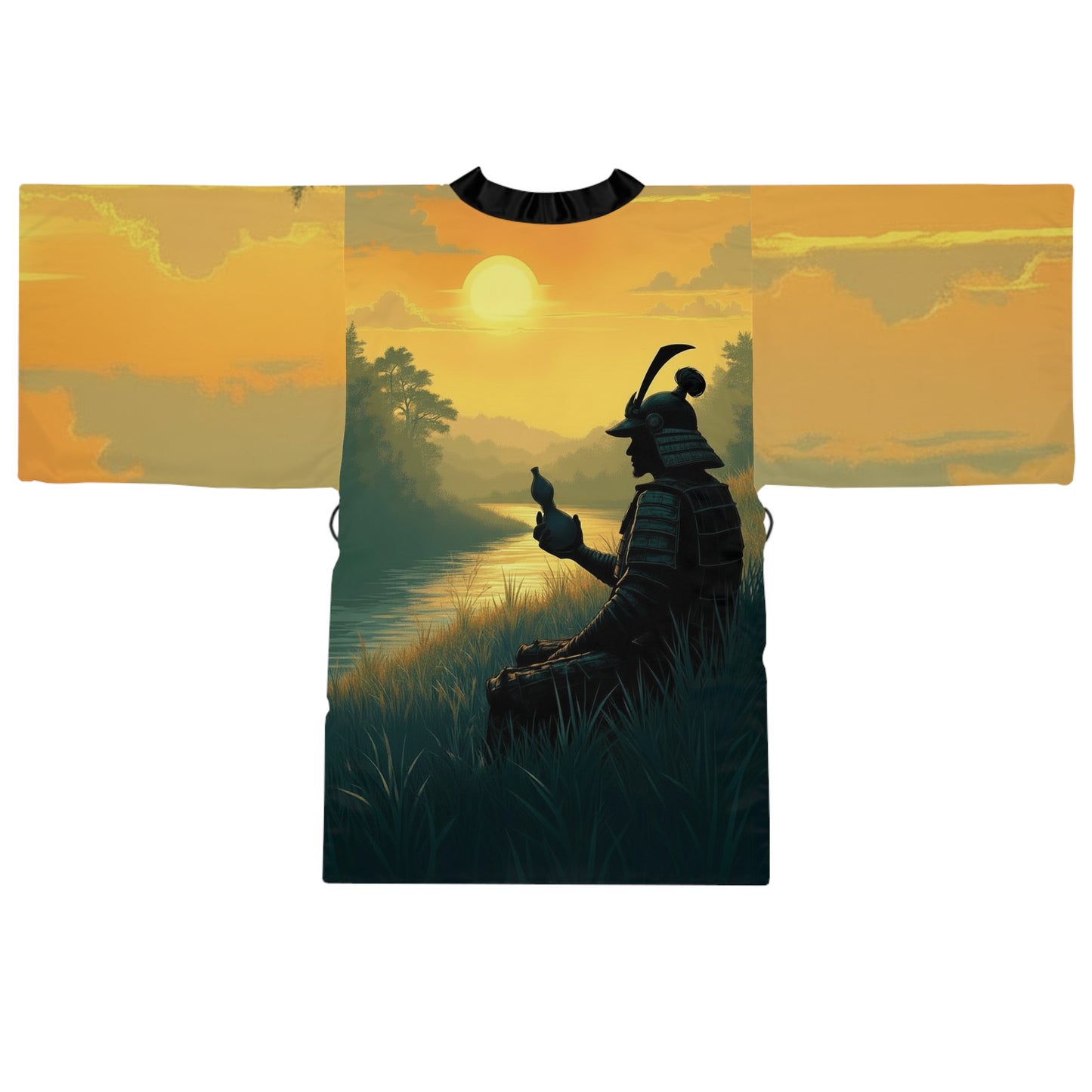Samurai Sunset Kimono Robe — Long Sleeve Japanese Warrior Sunset Print