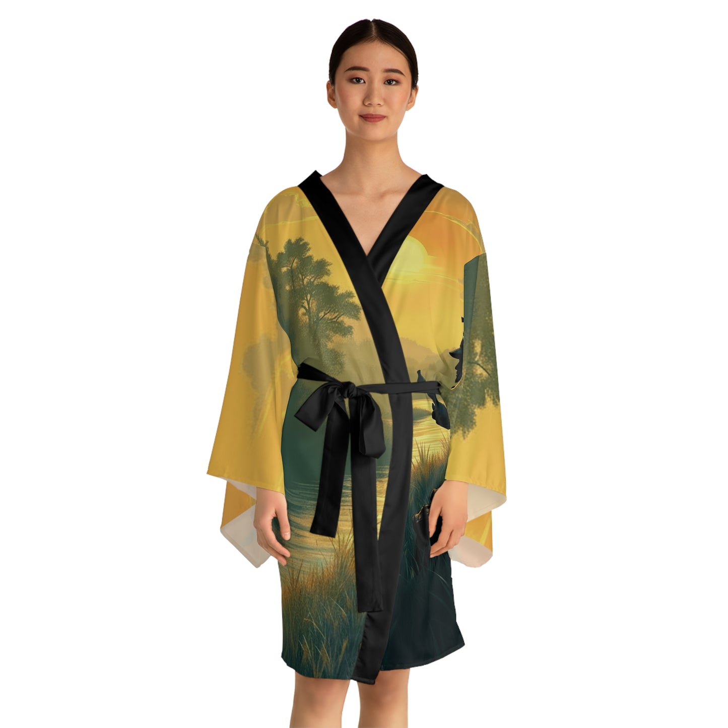 Samurai Sunset Kimono Robe — Long Sleeve Japanese Warrior Sunset Print