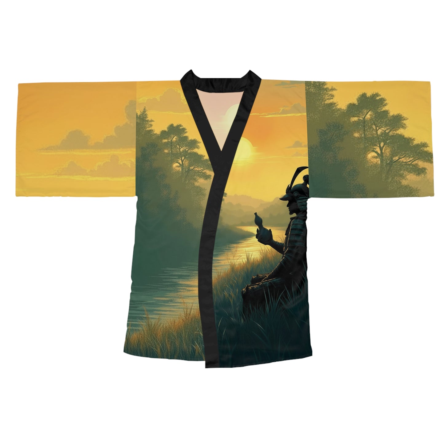 Samurai Sunset Kimono Robe — Long Sleeve Japanese Warrior Sunset Print