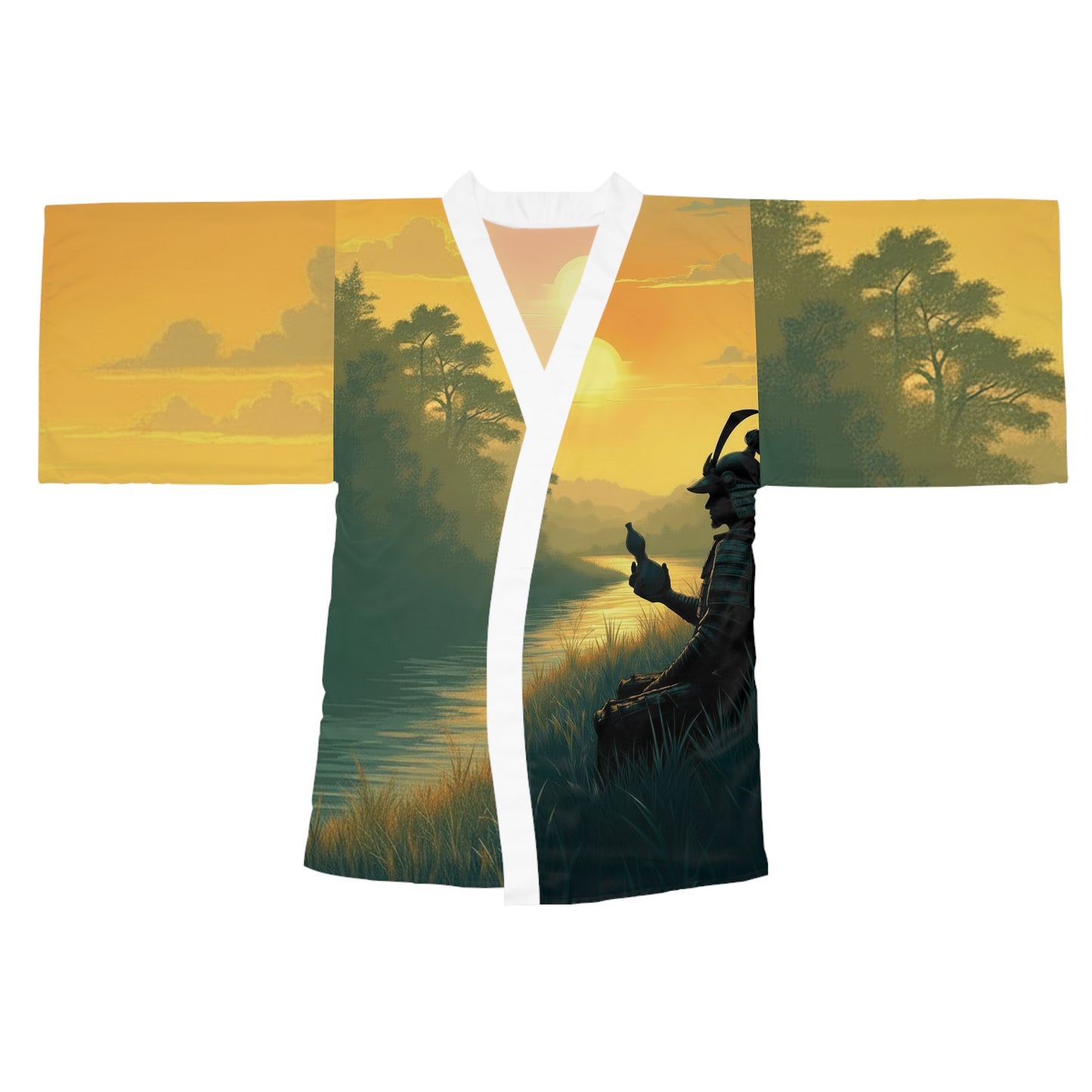 Samurai Sunset Kimono Robe — Long Sleeve Japanese Warrior Sunset Print