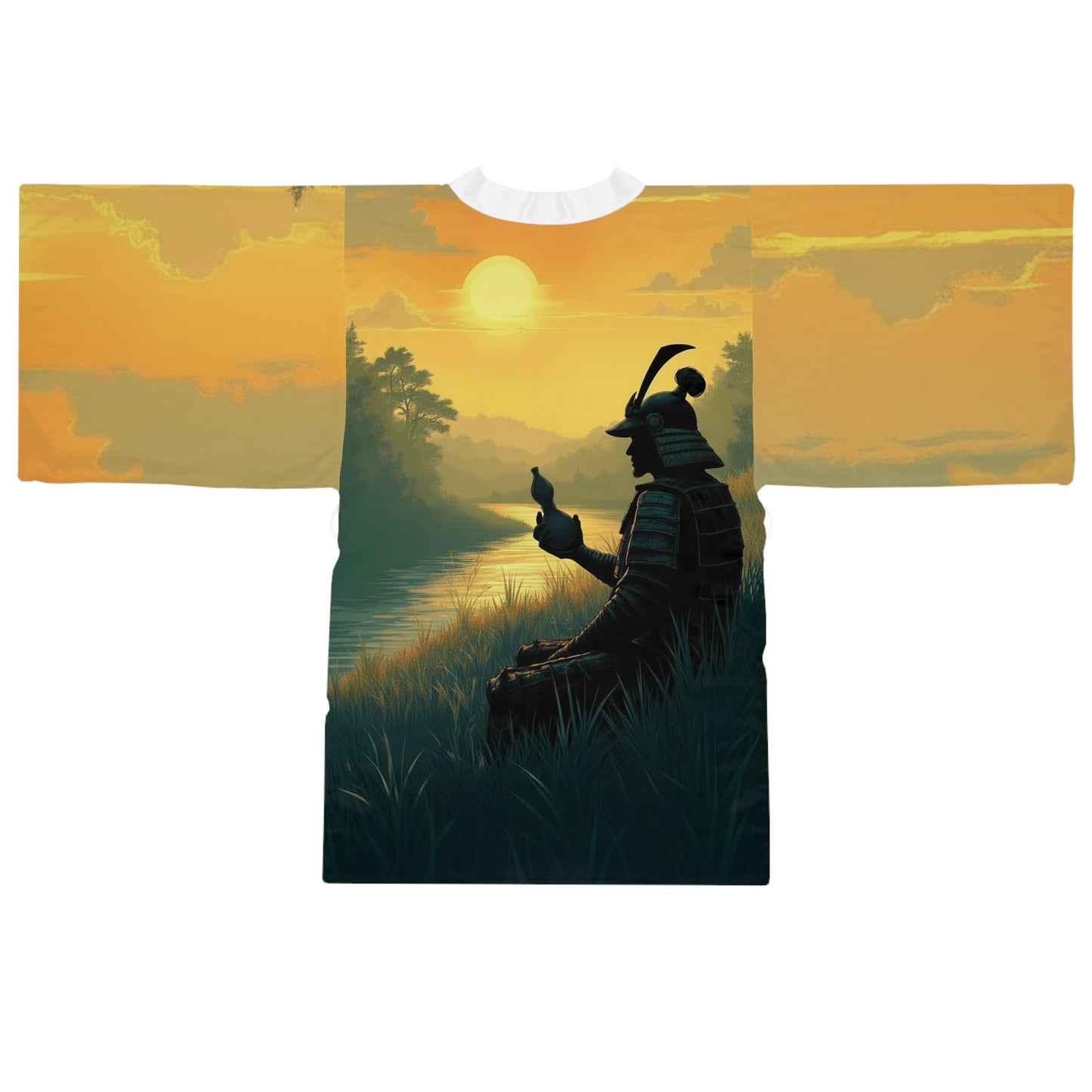 Samurai Sunset Kimono Robe — Long Sleeve Japanese Warrior Sunset Print