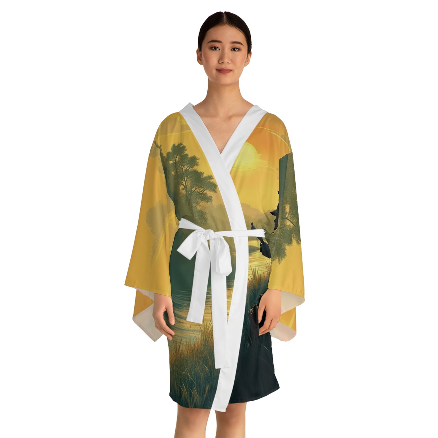 Samurai Sunset Kimono Robe — Long Sleeve Japanese Warrior Sunset Print