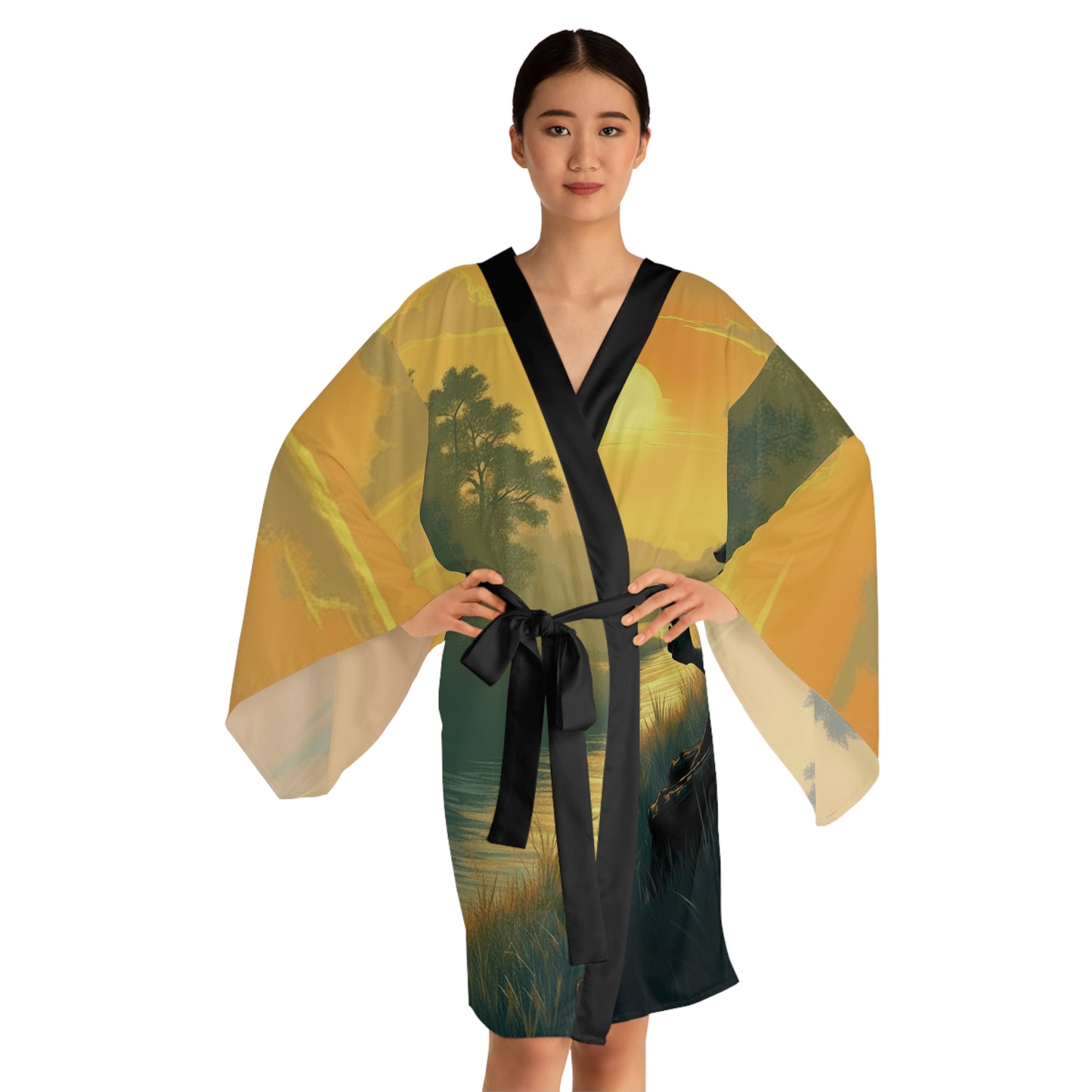 Samurai Sunset Kimono Robe — Long Sleeve Japanese Warrior Sunset Print